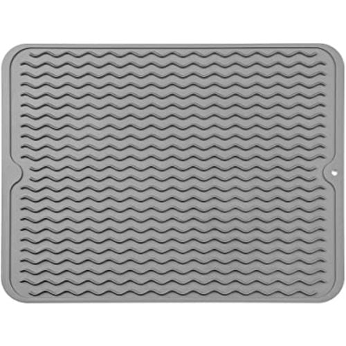 Silicone Dish Drying Mat for Multiple Usage,Easy clean,Eco-friendly,Heat-resistant Silicone Mat for Kitchen Counter or Sink,Refrigerator or Drawer liner Grey L 16 inches x 12 inches