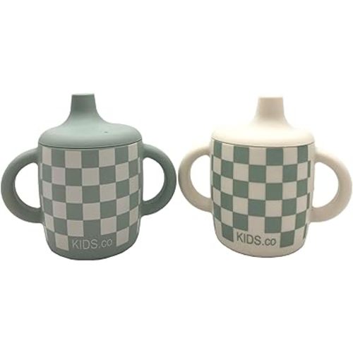 Silicone Sippy Cup and Training Cup for Baby 6 months+ Soft Spout and Handles Unbreakable Easy Grip for Babies 6-12 months and Toddlers 1-3 years 5oz/150m… (Sandy Shore and Green Checkers)