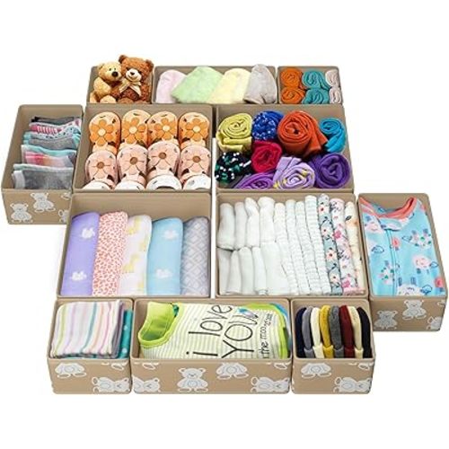 Drawer Organizer for Clothing - Light Brown with White Bears | 12-Pack | Foldable | Nursery Storage