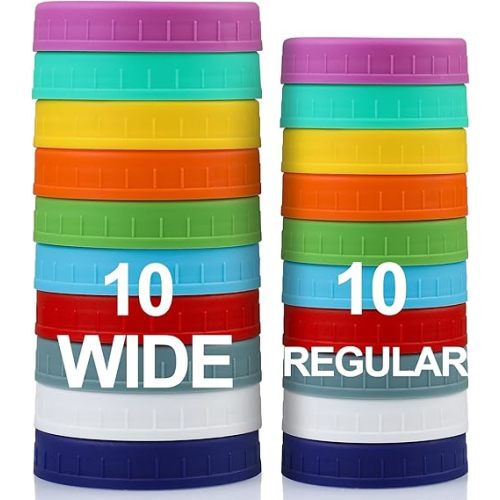 AOZITA 10 WIDE Mouth & 10 REGULAR Mouth Mason Jar Lids - 20 Pack Food Grade Plastic Mason Jar Caps for Ball, Kerr and More Canning Jars - Leakproof & Dishwasher Safe - Multicolor