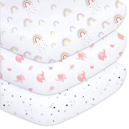 Plushii Crib Sheets for Baby Girls 3 Pack, 28"x 52" Extra Soft Microfiber Crib Sheet Set for Baby Crib Mattress Sheet & Toddler Mattress Pad, Rainbow & Elephant & Stars