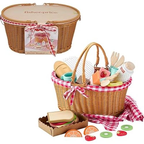 Fisher-Price Wood Pretend Play Toy Picnic Basket, 31-Piece Wooden Food Playset for Preschool Kids Ages 3+ Years