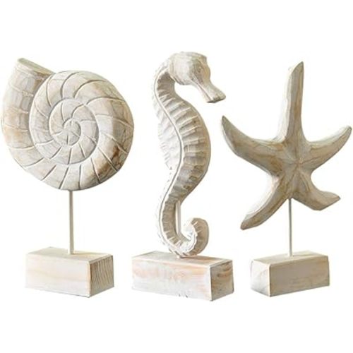 3pcs Wood Handmade Beach Nautical Style Figurines Starfish/Conch/Seahorse Statue Home Decor