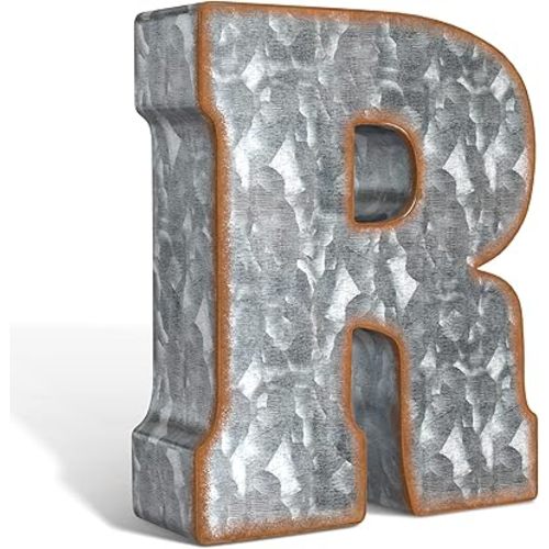CraftyCrocodile 7" Galvanized Metal Letters for Wall Decor - 3D Letter R for Hanging & Free Standing - Decorative Rustic Alphabet Letters for the Living Room, Bedroom, Kitchen