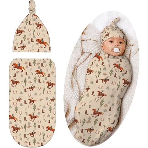 Western Swaddle Blanket for Baby, Swaddling Sleeping Sacks, Unisex Baby Stuff with Hat, Western