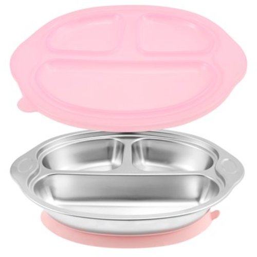 Ikoopy 2Sets Stainless Steel Liner Baby Suction Plate Large Capacity Heat Resistant Baby Divided Plate With Silicone Sucker for Babies and Toddlers