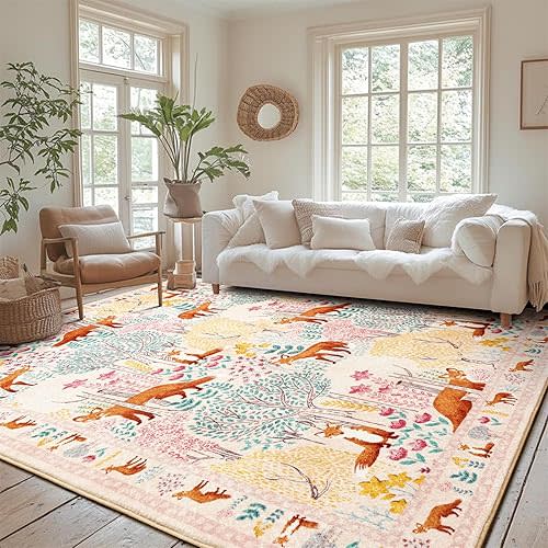 Estmy Pink Woodland Nursery Rug Washable, Thin Pile 8x10 Area Rug Stain Resistant, Cute Forest Animals Kids Girls Bedroom Rug, Boho Floral Botanical Large Carpet for Living Room Dorm Classroom