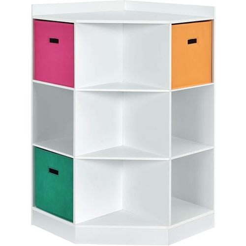 HONEY JOY Kids Toy Storage Organizer, 9-Cubby Toy Bin Organization Storage Cabinet w/Display Shelf & 3 Removable Basket, Wooden Corner Storage Unit for Playroom, Kids Bedroom, Nursery Daycare(White)