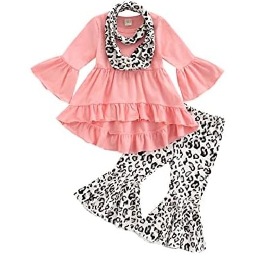 wdehow Toddler Baby Girls 3PCs Outfits Long Pullover Ruffle Dress Shirt Cow Print Flared Pants Set Fall Winter Clothes