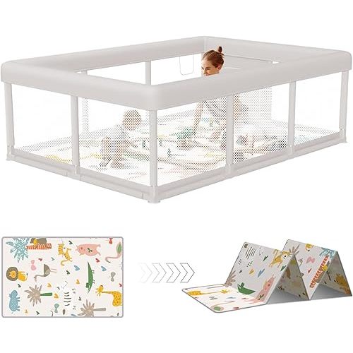 Hiaksedt Baby Playpen 74x50 in PlayPen for Babies and Toddlers, Large Play Yards for Indoor & Outdoor with Zipper Gates, Breathable Mesh with Mat