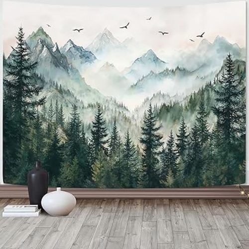 Zussun Misty Forest Mountain Tapestry Sage Green Nature Pine Tree Tapestry for Bedroom Aesthetic Watercolor Foggy Woodlands Birds Landscape Tapestries Wall Hanging for Living Room Dorm 90 x 68 Inch