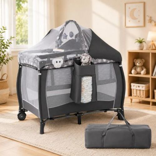 Pack and Play with Changing Table and Bassinet, 4-in-1 Baby Playpen Travel Crib, Gray