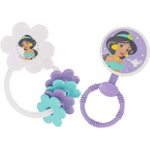 2 Pack Disney Princess Character Shape Rattle and Keyring Teether, Premium Toddler Birthday Toys, Infant Teething Toys, Great for Newborn Shower Gifts