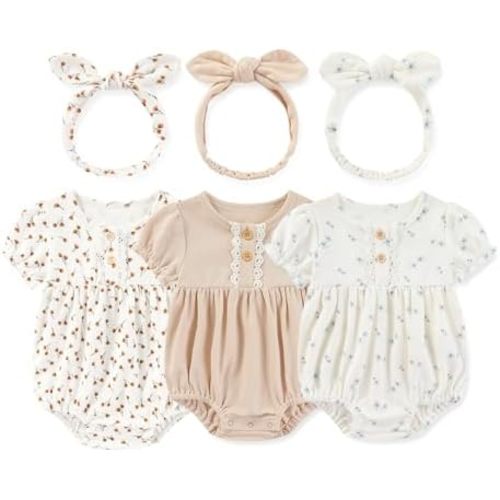 Newborn Baby Girl Clothes Cotton Bubble Romper Floral Short Sleeve Bodysuit 3 Pack