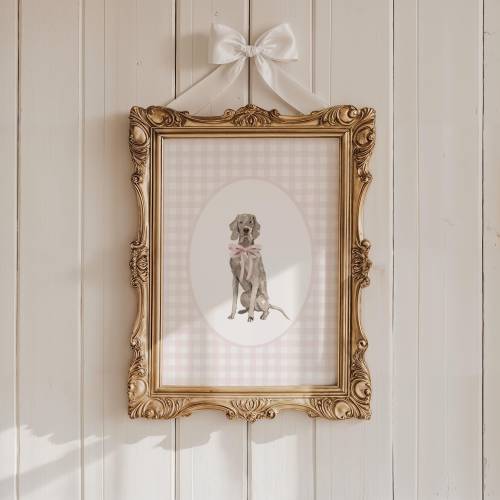 Weimaraner Nursery Decor, Watercolor Dog Nursery Print, Baby Girl Nursery, Pink Gingham Wall Print, Coquette Pink Bow Art, Girl Room Decor