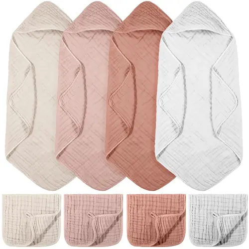 8 Pcs Baby Muslin Hooded Bath Towels and Washcloths, 32 x 32 Inch Muslin Cotton Hooded Baby Towels Absorbent Hooded Blankets for Gift Newborn Infant Shower (Pink,White)