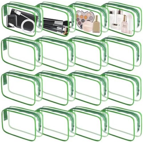 16 Pieces Clear Makeup Bag PVC Zippered Clear Toiletry Carry Pouch Portable Cosmetics Bag Waterproof Makeup Bag Vinyl Plastic Organizer Case for Travel Vacation Bathroom (Green-M)