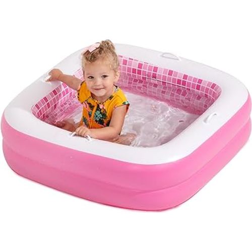 Inflatable Baby Pool with Cushioned Floor, Grip Handle Bars and Drain - Skin Safe Small Kiddie Pool, Bathtub and Ball Pit, First Birthday Gift for Girls, Infants and Toddlers 1-3, 34" Playful Pink