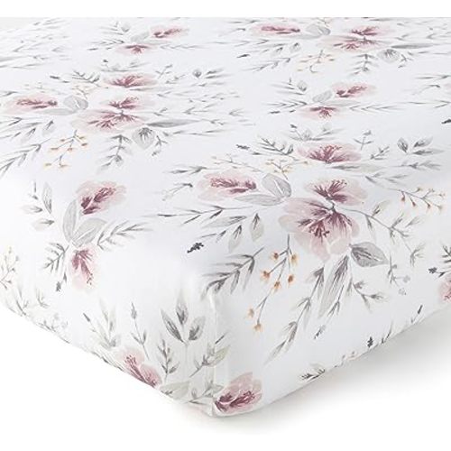 Levtex Baby - Adeline Crib Fitted Sheet - Fits Standard Crib and Toddler Mattress - Large Clusters of Floral Bouquets in Shades of Blush and Grey - Nursery Accessories - 100% Cotton