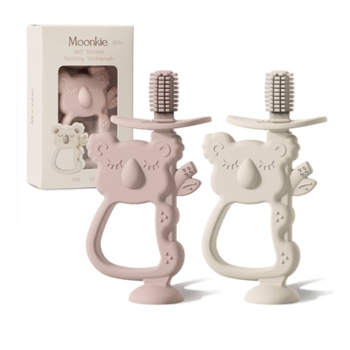 Moonkie Teething Toy Set of 2, Safe & Easy to Hold BPA Free Silicone Teethers, 360° Baby Toothbrush with Suction Base, Teether Toys Best for Babies 6-12 Months (Koala Blush/Shifting Sand)