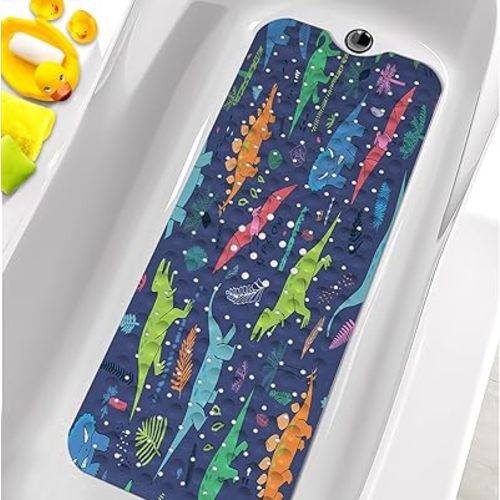 Bathtub Mats for Kids, Cartoon Blue Dinosaur Bath Mat for Tub Non Slip, 40 X 16 Inch Large Washable Bathtub Mat Non Slip for Showers with Drain Holes and Suction Cups