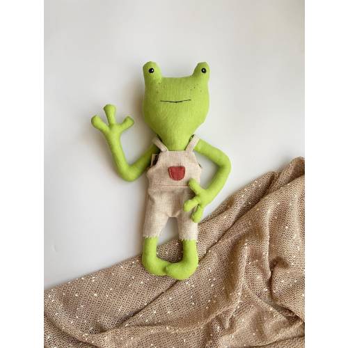 Linen Frog Rag Doll Stuffed Animal Toys Eco Friendly Art Doll with Removable Clothes Handmade Fabric Toy Baby Shower Gift Nursery Decor