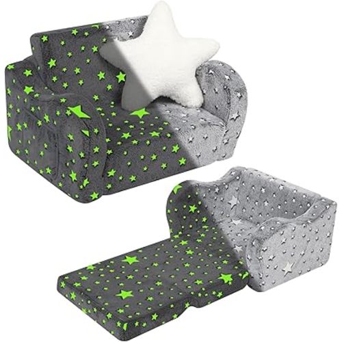 Star Glow in The Dark Toddler Couch, 2-in-1 Toddler Soft Couch Fold Out with Star Pillow, Convertible Sofa to Lounger for Girls and Boys, 1-Seat