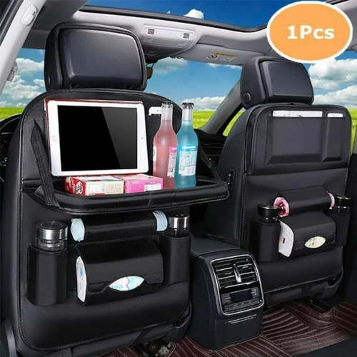 Car Backseat Organizer with Foldable Table Tray, PU Leather Multi-Pocket Backseat Car Organizer with Tablet Holder Travel Accessories