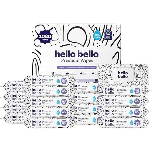 Hello Bello Premium Wipes, Designed for Sensitive Skin with Chamomile & Aloe Extracts, Playful Sketches (18 Resealable Packets = 1080 Total Wipes)