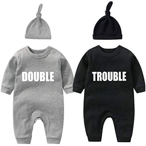 Baby Twins Bodysuits Newborn Baby Boy Outfit Funny Double Trouble Clothing Girl Romper With Hat