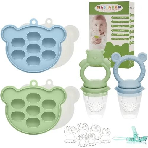 Baby Breastmilk Popsicle Molds & Baby Fruit Feeder (6 Pack), WAJIAYON Baby Food Freezer Tray Storage Containers, Silicone Teething Pacifier Feeder and Teether for Babies,Moss and Fawn Baby Feeder