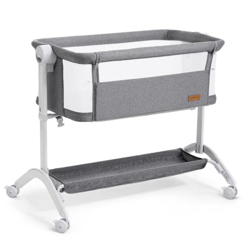 Taylengrow Baby Bassinet Bedside Sleeper - All-Mesh Design, Portable Bedside Bassinet for Baby with Washable Mattress, 5 Adjustable Heights (Grey)