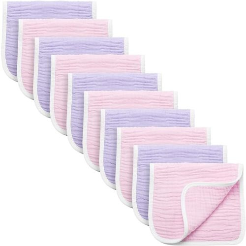 Synrroe Burp Cloths Large, Muslin Burp Cloths for Baby Girls, Pack of 10 Extra Absorbent and Soft Muslin, 6 Layers 20 by 10 Inches 100% Cotton (Pink-Purple 10 Pack)