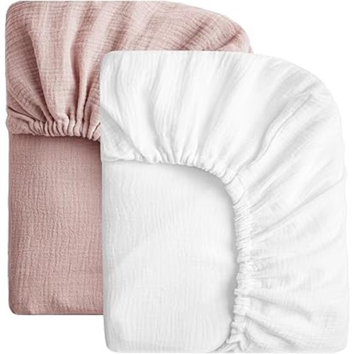 SOULFUL Mini Muslin Crib Sheets for Boys Girls, 2 Pack Soft and Breathable Cotton Fitted Crib Sheets for Standard Crib Mattress (24"x 38", White & Dusty Rose)