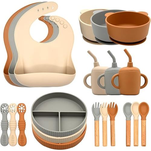 Silicone Baby Feeding Set 21 Pcs, Led Weaning Supplies, Baby Feeding EatincSupplies Set BPA Free, Essentialsfor Newborn Gift Walnut Color, Beige, Smoky Gray