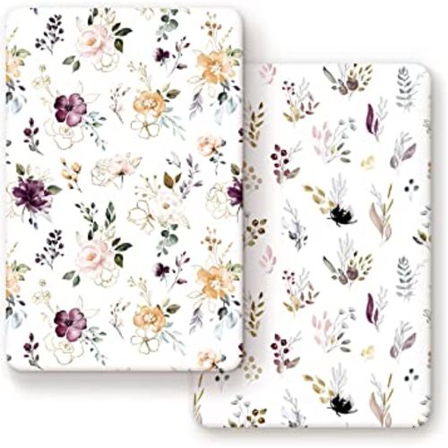 GRSSDER Stretchy Ultra Soft Jersey Knit Fitted Pack n Play Sheets Set 2 Pack,Fits Portable Playard/Mini Cribs Mattress Snug and Safe,Watercolor Purple Flora for Baby