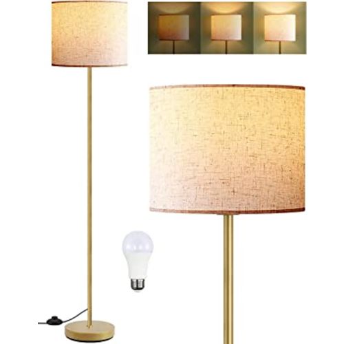 Floor Lamp, BoostArea Standing Lamp, 15W LED Floor Lamp with 3 Dimmable Levels, Simple Standing Lamp with Linen Lampshade, On/Off Footswitch, Tall Floor Lamps for Living Room/Bedroom/Office/Boho, Gold
