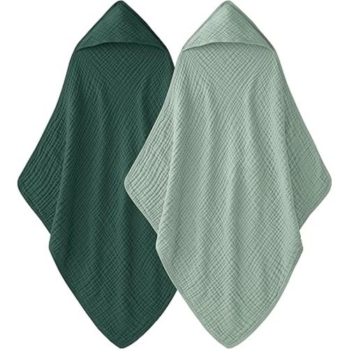 Hooded Baby Towels for Newborn - 2 Pack, 100% Muslin Cotton, Baby Bath Towels with Hood, Soft and Absorbent for Boys, Girls Infant, Toddler and Kids, Large 32x32 Inches, Newborn Essential