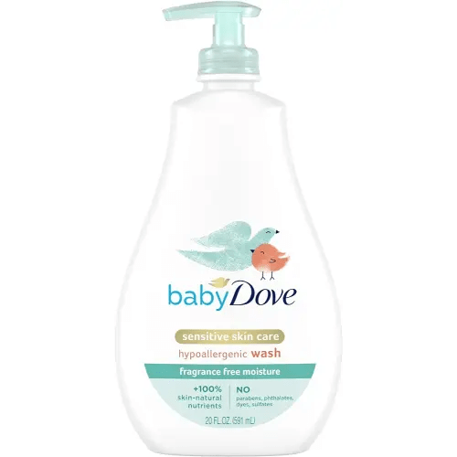 Baby Dove Sensitive Skin Care Baby Wash For Bath Time, Moisture Fragrance Free and Hypoallergenic, Washes Away Bacteria 20 oz