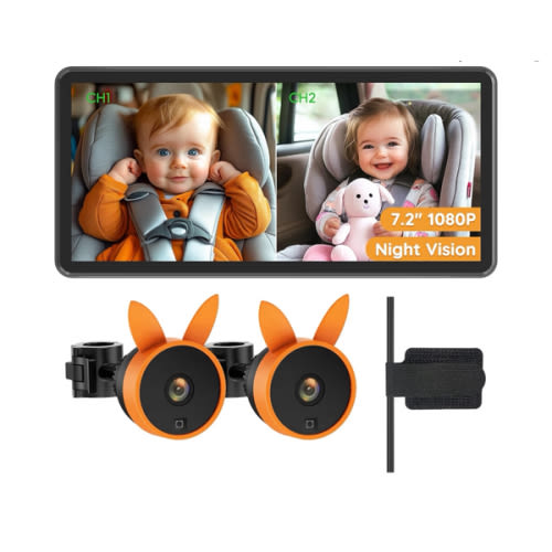 Baby Car Camera for 2 Kids - 7.2" Large HD Display Dual Channel Baby Monitor, Clear 1080P IR Night Vision Car Seat Camera, Easy Install & Secure Rear-Facing View