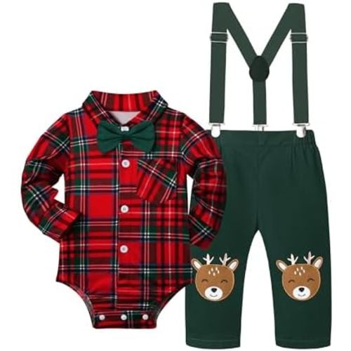 Baby Boy Christmas Outfit My First Christmas Plaid Gentleman Romper + Reindeer Suspender Pants 0-12Months 2Pcs