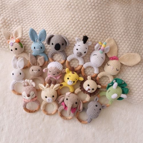 Personalized baby rattle, Baby Grasping Toy, Crochet Toy Rattle for Babies, Custom Wooden Baby Rattle, Newborn Gifts, Gift for Nephew Niece
