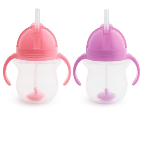 Munchkin Any Angle Sippy Cups for Toddlers, Spill Proof Weighted Straw Cup with Transition Handles for Babies 6 Months and Up, 7 Ounce, 2 Pack, Pink/Purple