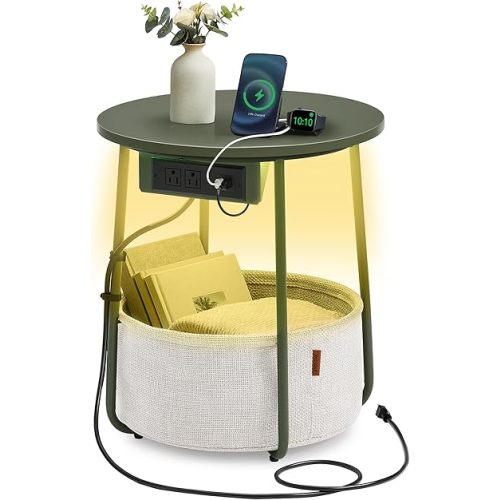 VASAGLE Side Table with Charging Station, Round End Table with Fabric Basket, LED Nightstand with Power Outlets, USB Ports, for Living Room, Bedroom, Modern, Forest Green and Cream White ULET227C01
