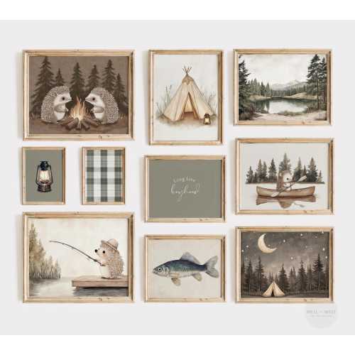 Woodland Nursery Set of Ten | Wilderness Gallery Wall Art | Neutral Hedgehog Decor | Boys Outdoorsy Fishing Art | Baby Shower Gift | PS134