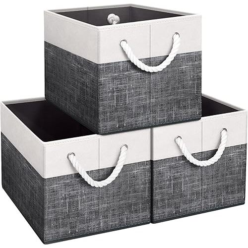 Fab totes Storage Bins [3-Pack], Foldable Storage Baskets for Organizing Toys, Books, Shelves, Closet, Large Storage Box with Rope Handles, Sturdy Organizer Bins, White & Black