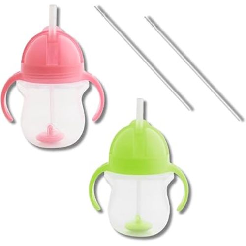 Munchkin Weighted Straw Sippy Cups for Toddlers 7oz, Leak Proof, Easy to Hold-Great toddler cups with straws, Supports Straw-use Education, Straw Cups (Pink/Green)