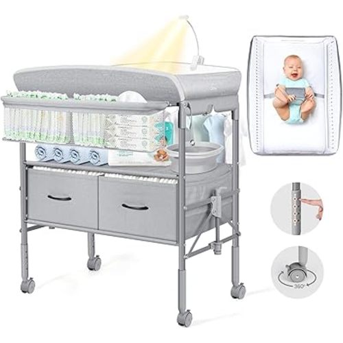 Orzbow Baby Changing Table with Nightlight, Foldable Diaper Table, Waterproof Diaper Changing Station with Safety Belt, 4-Level Height Adjustable and 2 Drawers, Mobile Nursery for Infant and Newborn