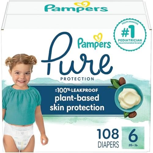 Pampers Baby Diapers - Pure Protection - Size 6, 108 Count, for up to 100% Leakproof, Premium Plant-based Skin Protection