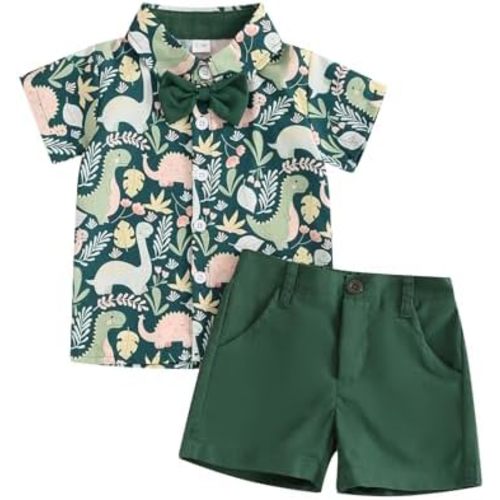 Toddler Baby Boy Clothes Shorts Set Dinosaur Print Shirt Short Sleeve Button Down Top Solid Shorts Summer Outfit